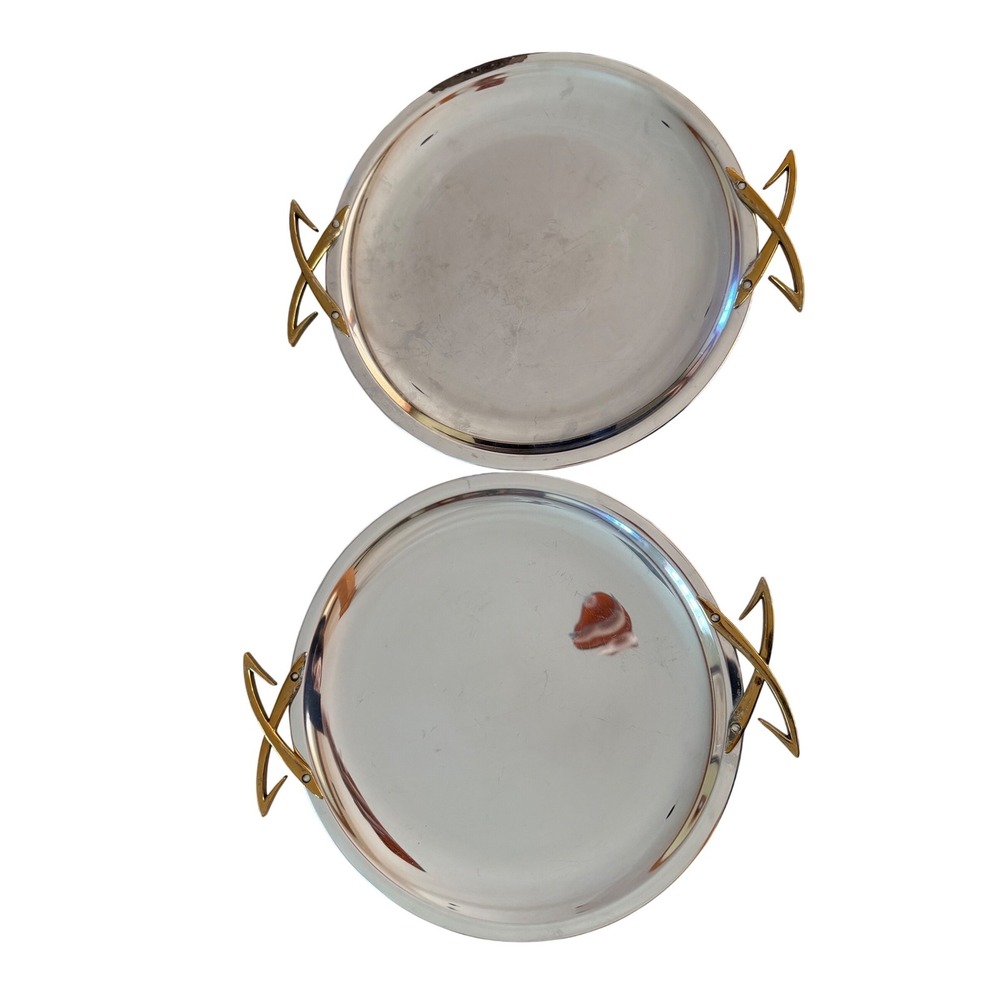 Vintage Mid Century Modern Atomic Chrome Trays with Gold X Handles 13" Set of 2